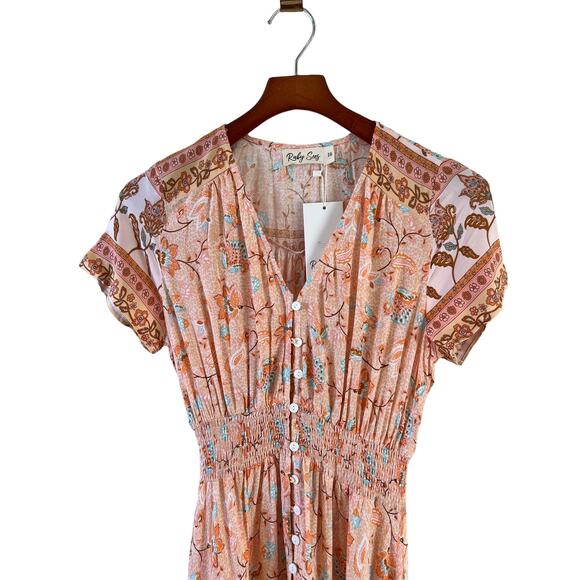 Ruby Sees V Neck Button Front Maxi dress Peach Floral Print - Picture 2 of 8